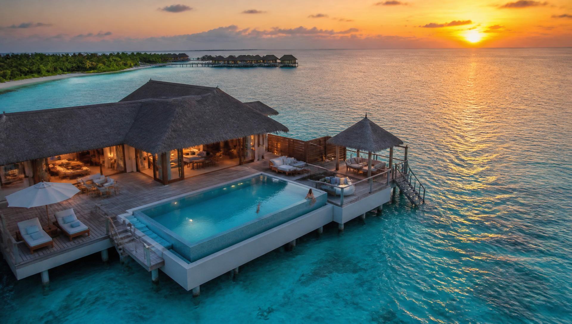 Luxury overwater villa at sunset